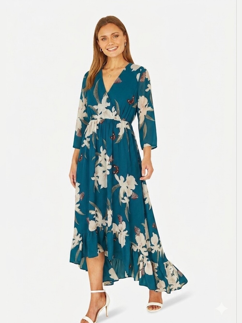 Chic High-Low Dress with Floral Design